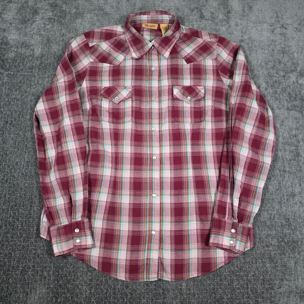 Wrangler Womens Medium Burgundy Plaid Western Snap Shirt Long Sleeve LRW140M M